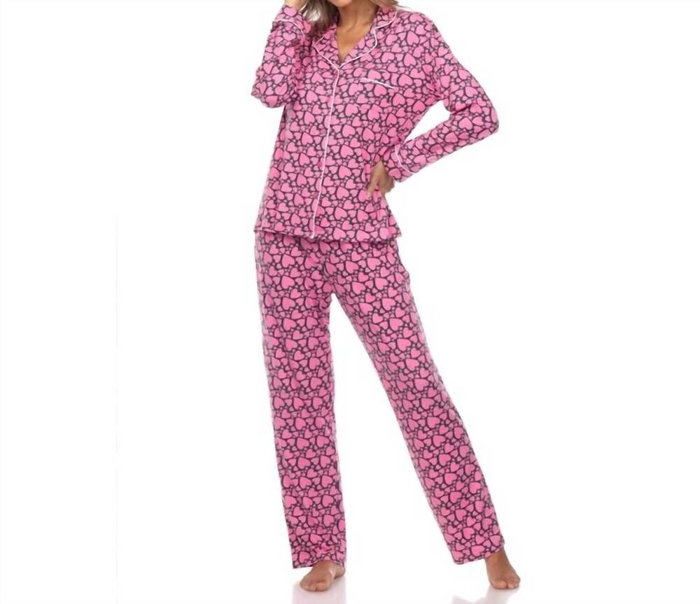 NEW WHITE MARK women's long sleeve heart print pajama set in pink